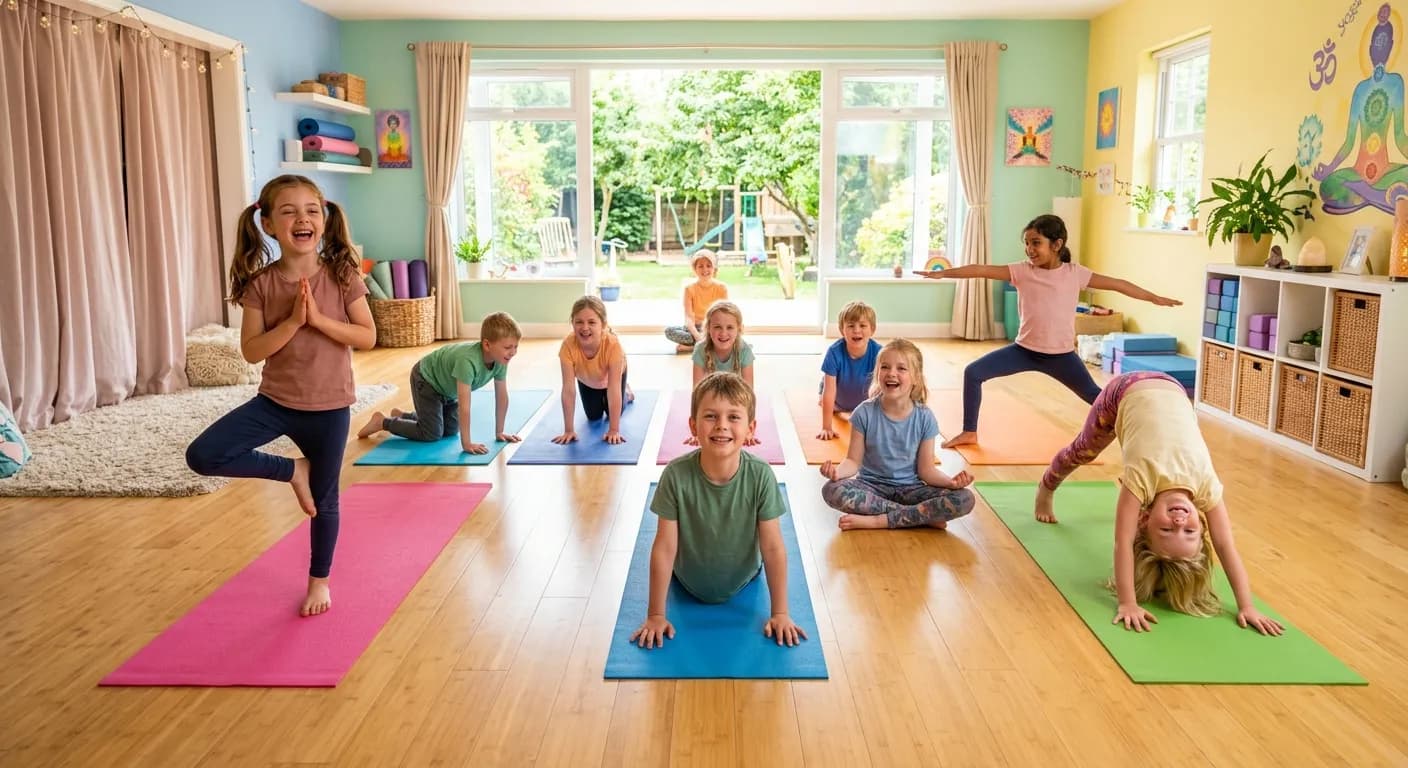 Kinder üben gemeinsam Yogaposen in einem farbenfrohen Studio