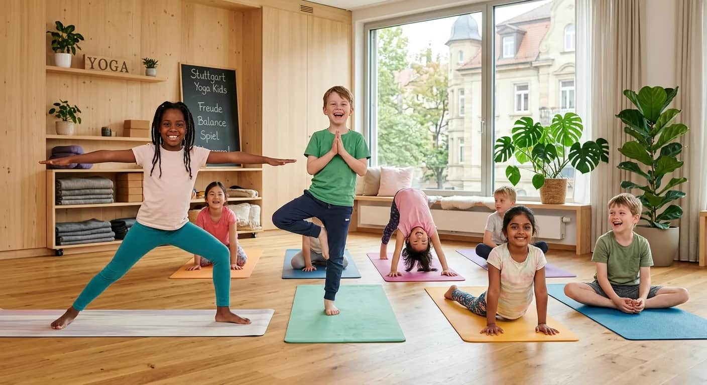 Glückliche, diverse Kinder beim Yoga in einem modernen Studio in Stuttgart