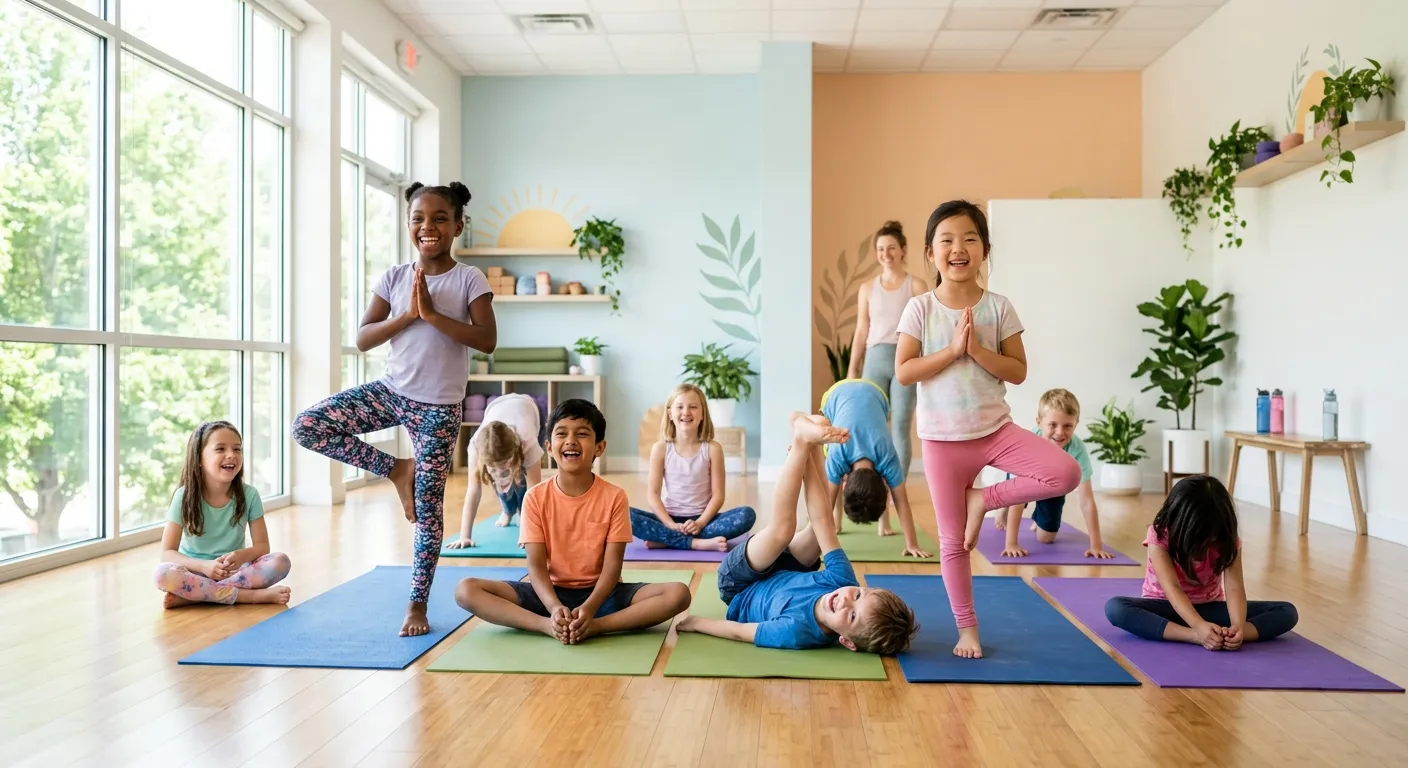 YogaKids Stuttgart Trainer:innen mit Kindern beim gemeinsamen Yoga